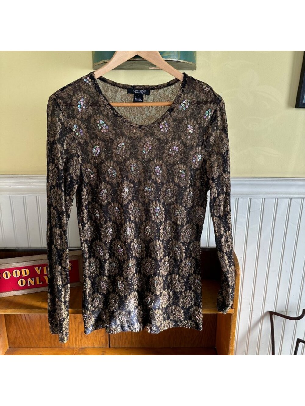 Karen Kane Womens Black & Gold Lace Long-Sleeve Top With Sequins Size Large